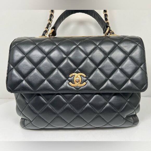 Chanel Large Trendy Top Handle Black Quilted Shoulder Hand Bag Gold Hardware - Picture 3 of 16